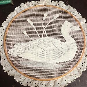 White Lace duck or Swan Embroidery Hoop Art